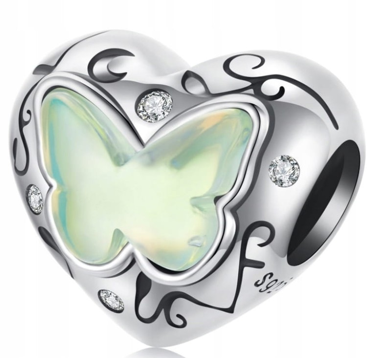 Charms do Pandora Serce z zielonym motylem SREBRO próba s925