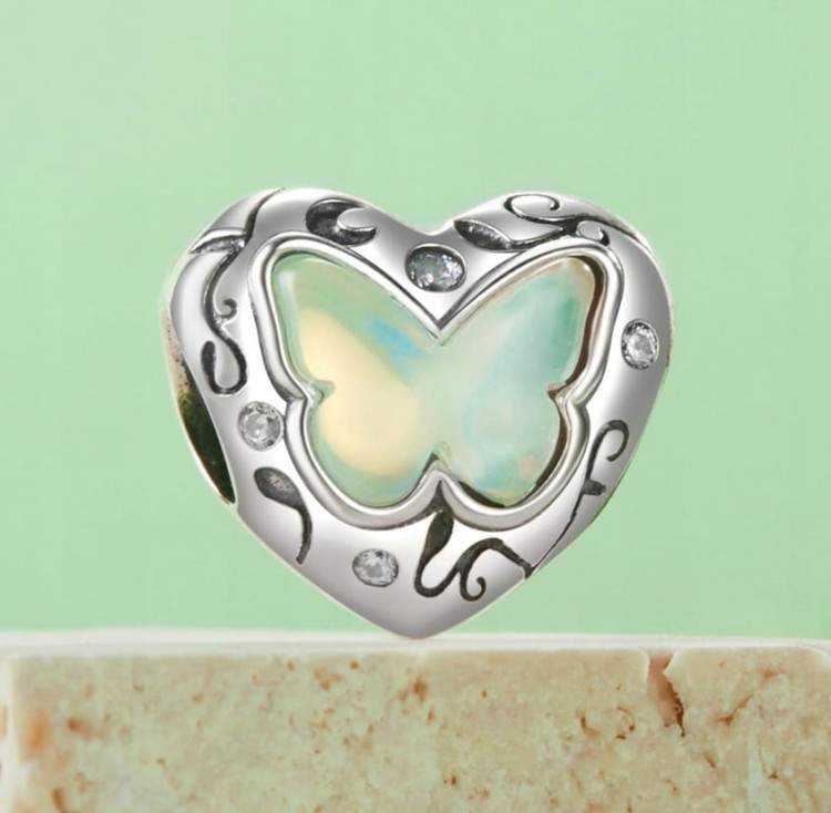 Charms do Pandora Serce z zielonym motylem SREBRO próba s925