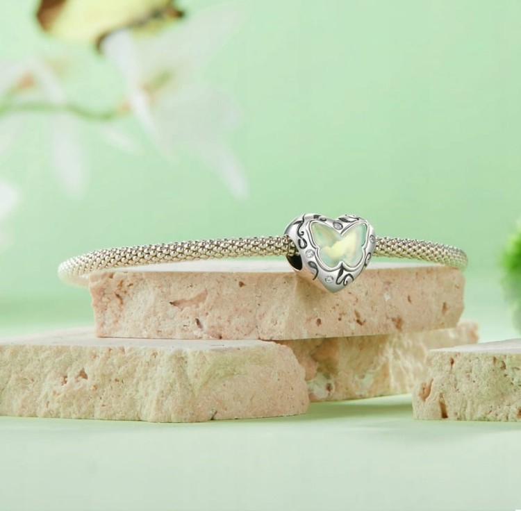 Charms do Pandora Serce z zielonym motylem SREBRO próba s925