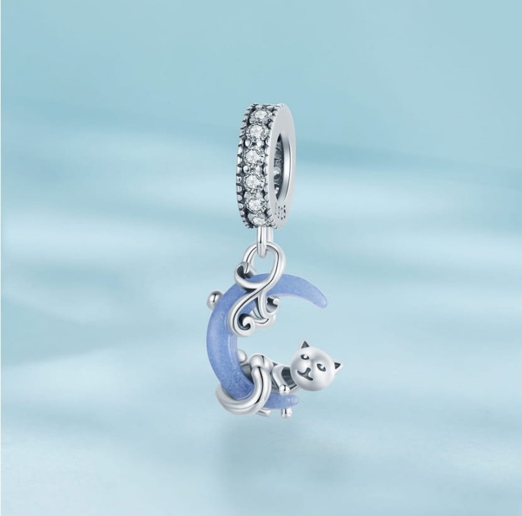 Charms do Pandora  Kot na Księżycu świecący  SREBRO próba s925