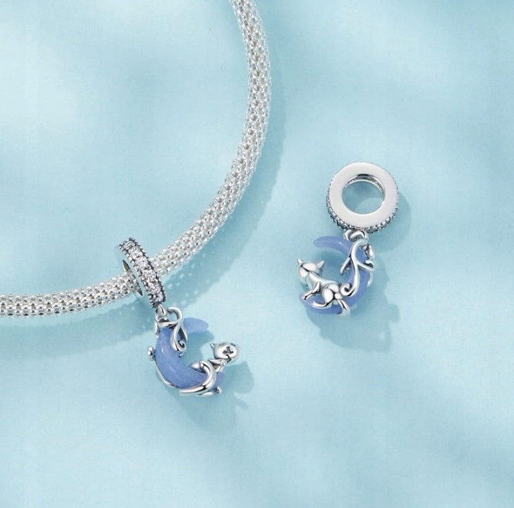 Charms do Pandora  Kot na Księżycu świecący  SREBRO próba s925