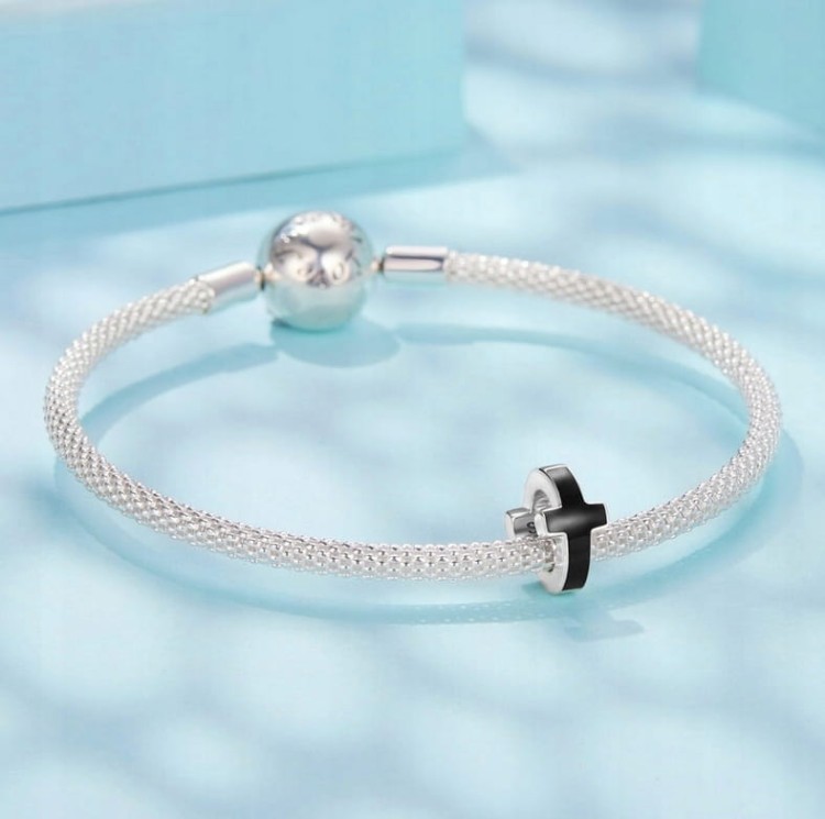 Charms do Pandora KRZYŻ czarna przekładka SREBRO s925