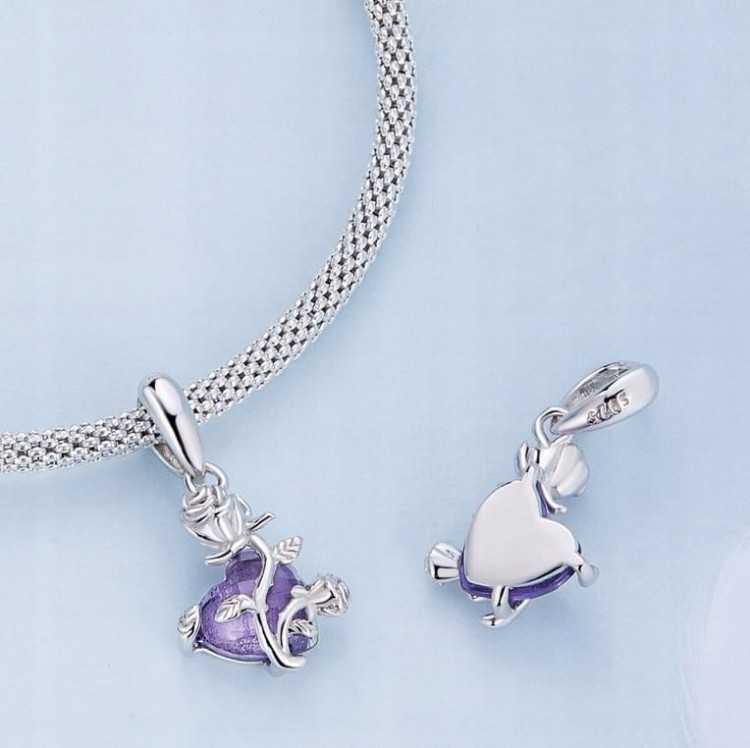 Charms do Pandora  fioletowe serce i róża SREBRO próba s925