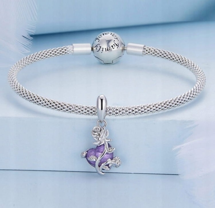 Charms do Pandora  fioletowe serce i róża SREBRO próba s925