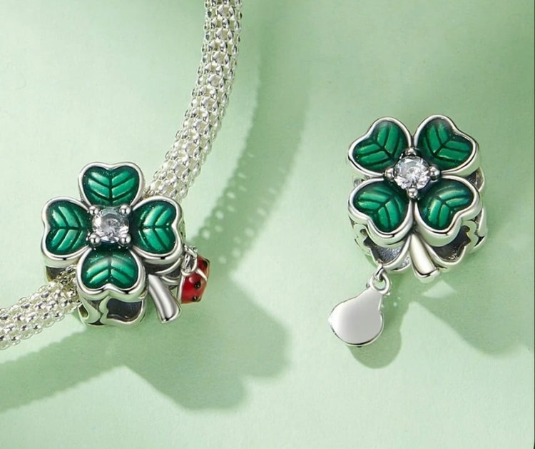 Charms do Pandora  Zielona Koniczynka Biedronka na Szczęście SREBRO próba  s925