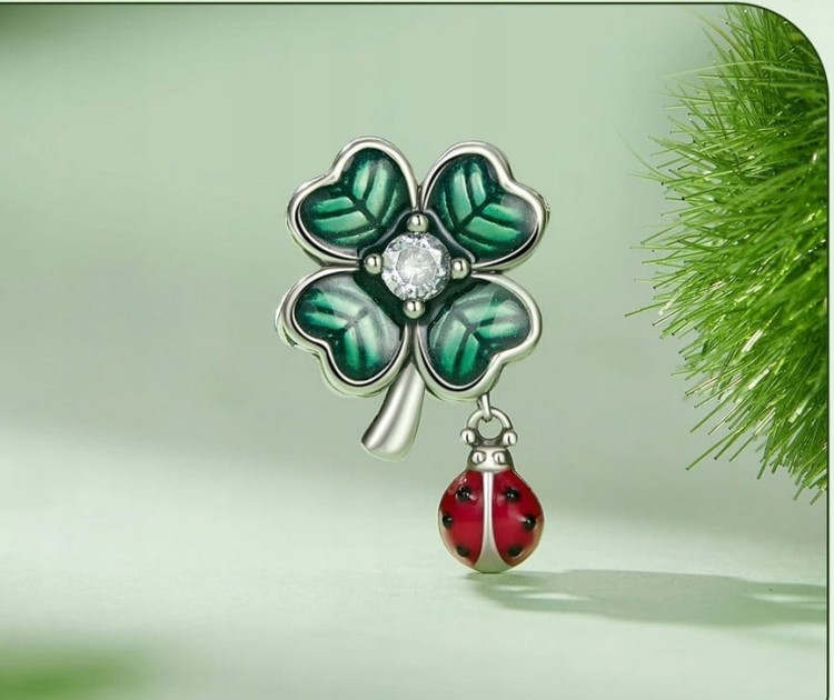 Charms do Pandora  Zielona Koniczynka Biedronka na Szczęście SREBRO próba  s925