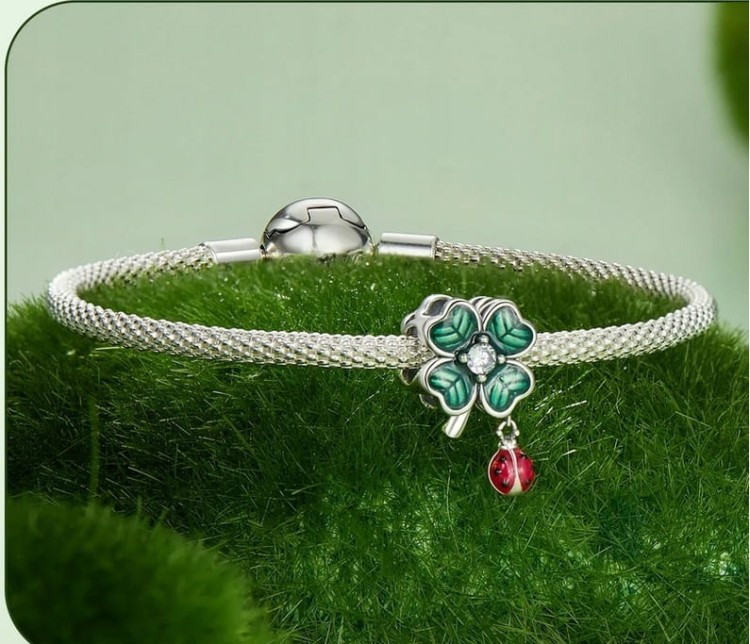 Charms do Pandora  Zielona Koniczynka Biedronka na Szczęście SREBRO próba  s925