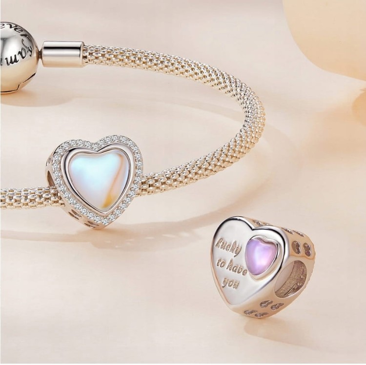 Charms zawieszka SERCE OPALIZUJĄCY kamień SREBRO próba s925