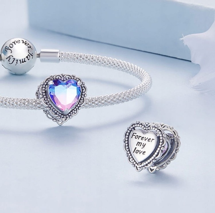 Charms do Pandora  zawieszka ażurowe fioletowe serce SREBRO  próba s925