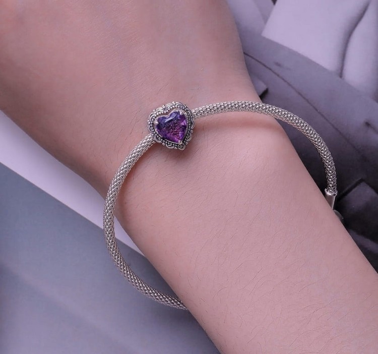 Charms do Pandora  zawieszka ażurowe fioletowe serce SREBRO  próba s925